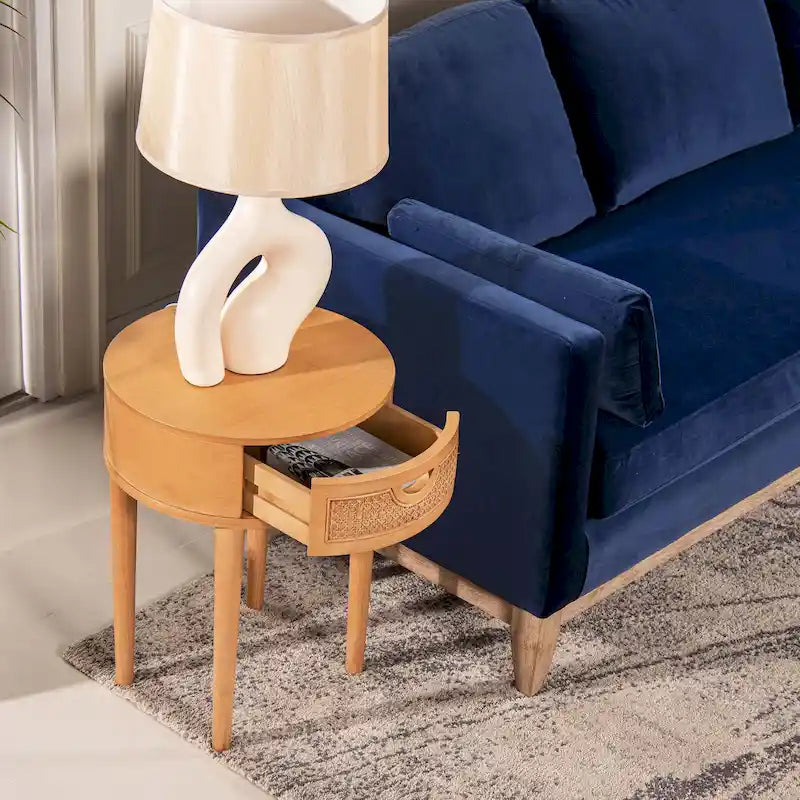 Table d'appoint de rangement ronde en rotin avec tiroir, chêne brun – Simple