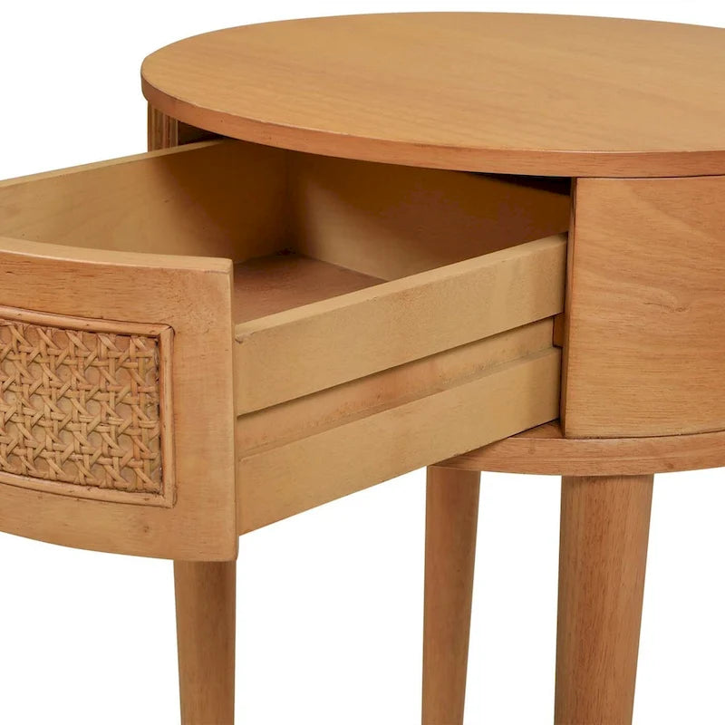 Table d'appoint de rangement ronde en rotin avec tiroir, chêne brun – Simple