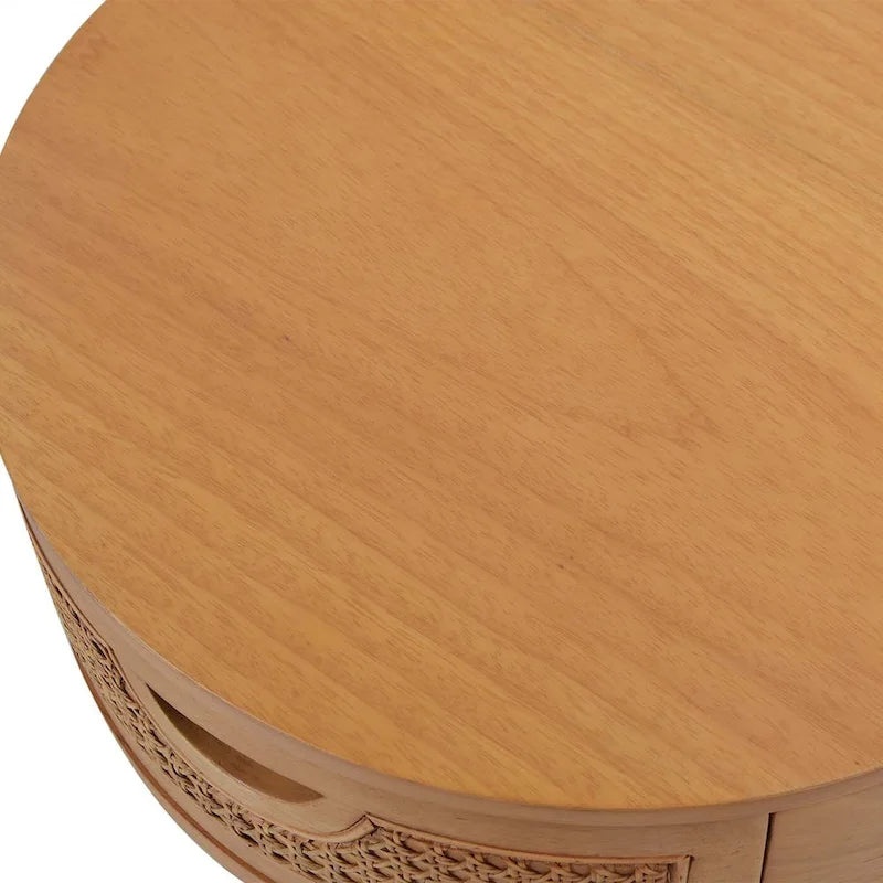 Table d'appoint de rangement ronde en rotin avec tiroir, chêne brun – Simple