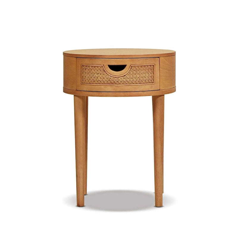 Table d'appoint de rangement ronde en rotin avec tiroir, chêne brun – Simple