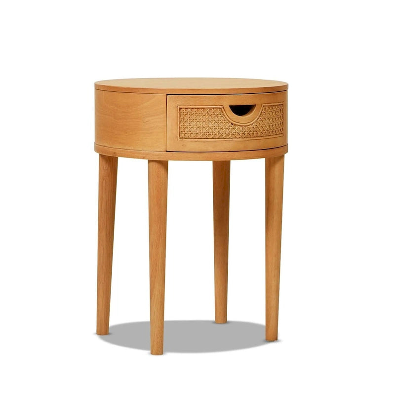 Table d'appoint de rangement ronde en rotin avec tiroir, chêne brun – Simple