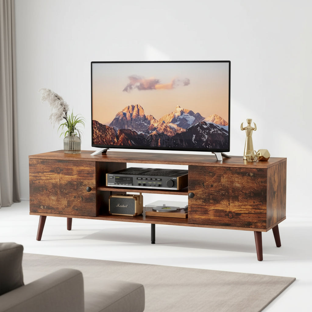 Can accommodate 60 TV, living room/bedroom TV media console, adjustable shelves, 2 storage cabinets, brown