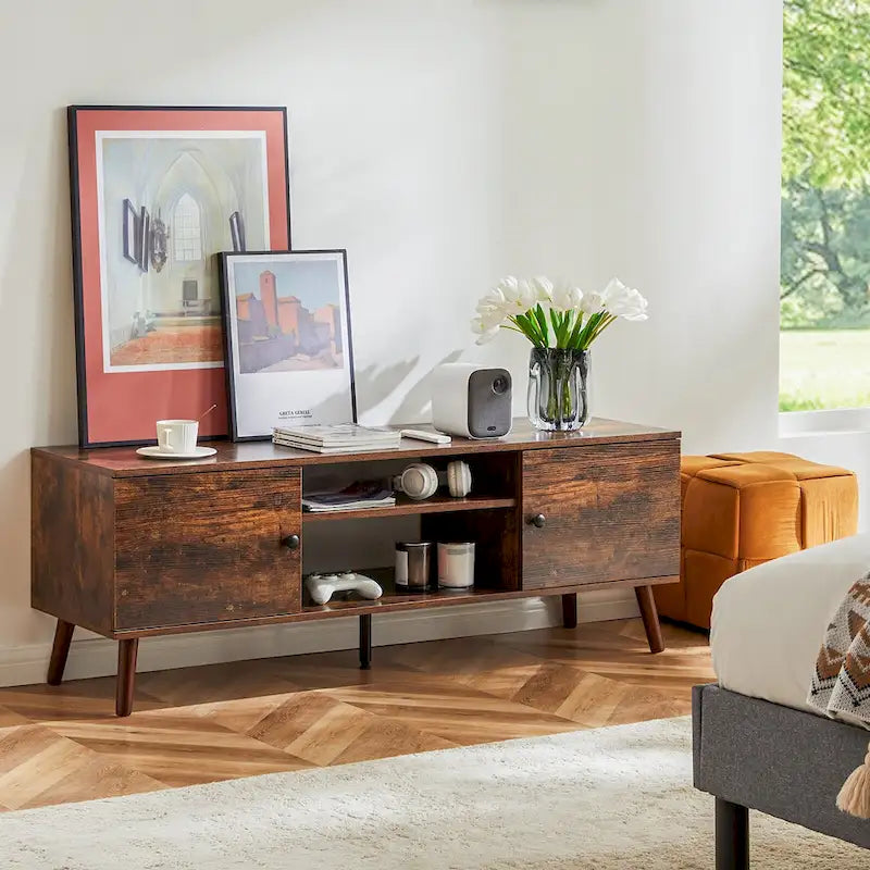 Meuble TV noir avec 2 placards et étagère réglable – Convient aux téléviseurs jusqu'à 60 po