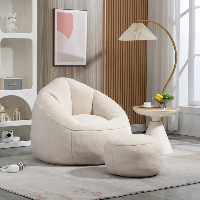Fauteuil d'appoint en microfibre beige avec pouf – 1 place