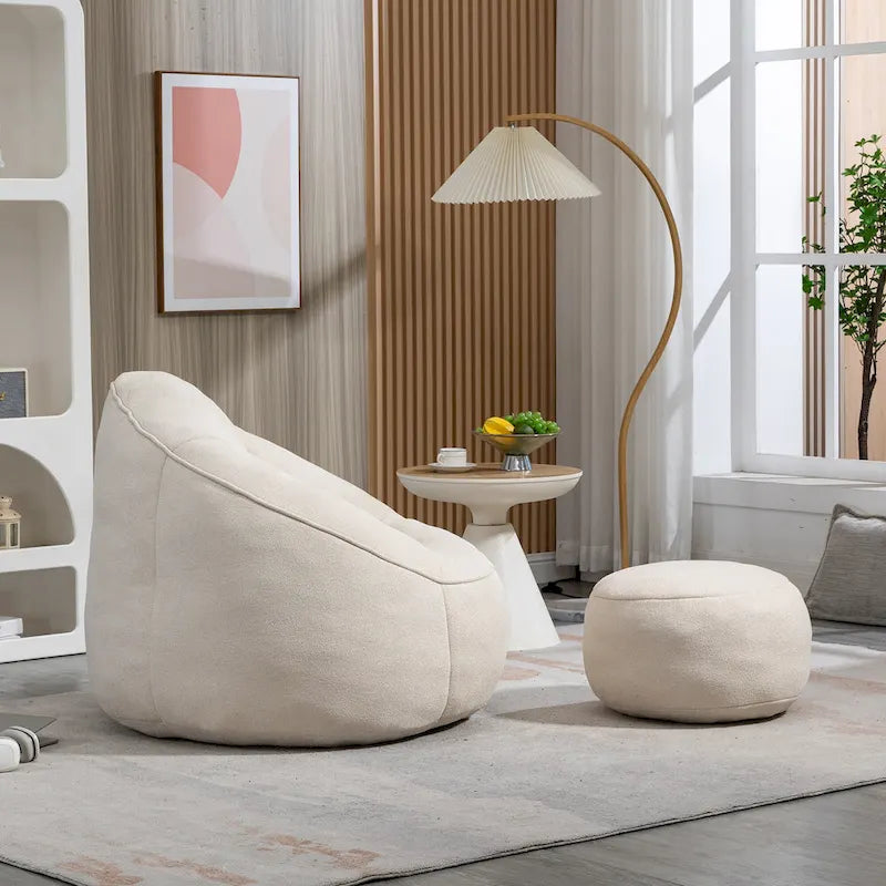 Fauteuil d'appoint en microfibre beige avec pouf – 1 place