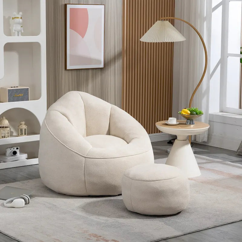 Fauteuil d'appoint en microfibre beige avec pouf – 1 place