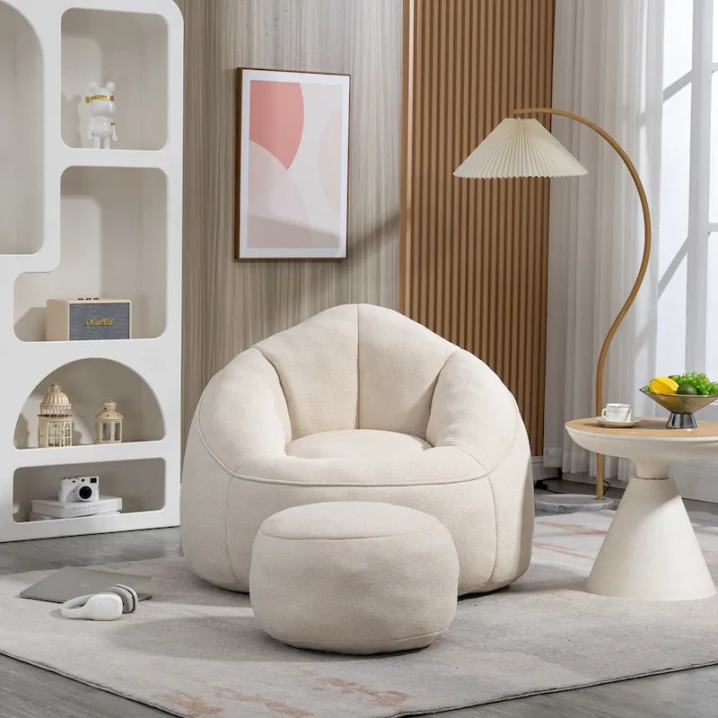 Fauteuil d'appoint en microfibre beige avec pouf – 1 place