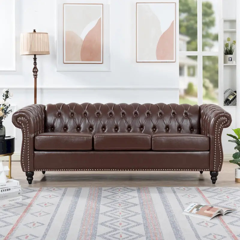 Canapé Chesterfield 3 places en similicuir noir / marron foncé / marron de style Mid-Century