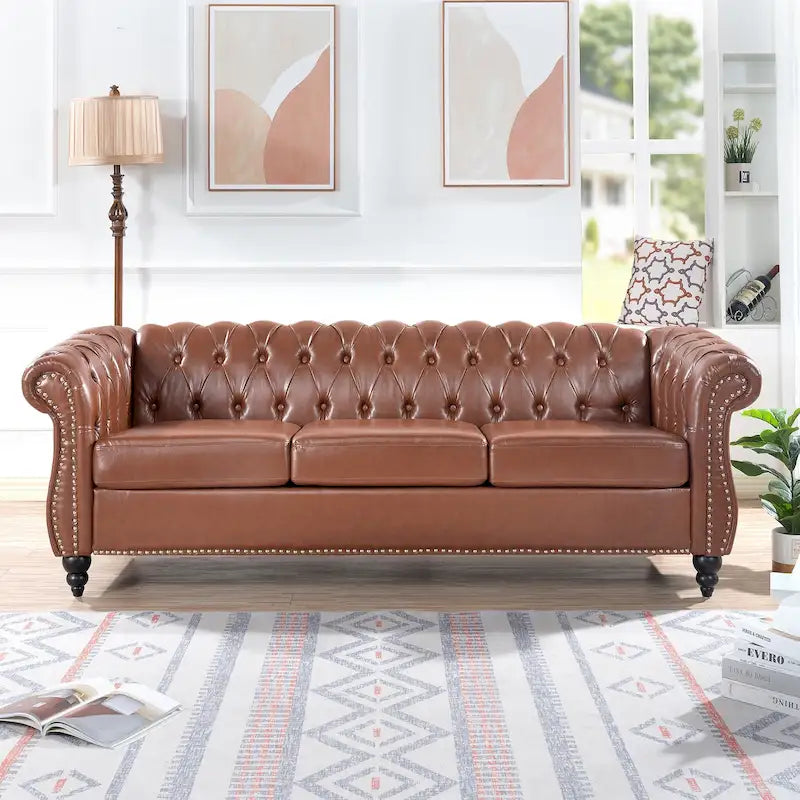 Canapé Chesterfield 3 places en similicuir noir / marron foncé / marron de style Mid-Century