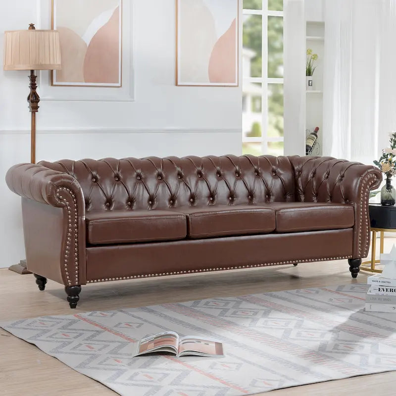 Canapé Chesterfield 3 places en similicuir noir / marron foncé / marron de style Mid-Century