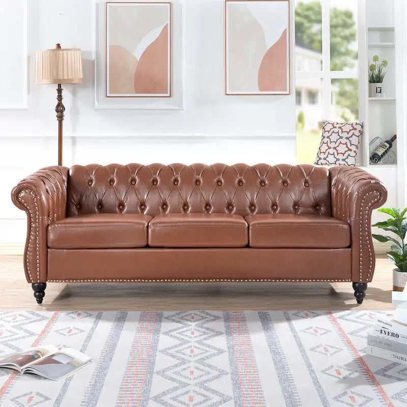 Canapé Chesterfield 3 places en similicuir noir / marron foncé / marron de style Mid-Century