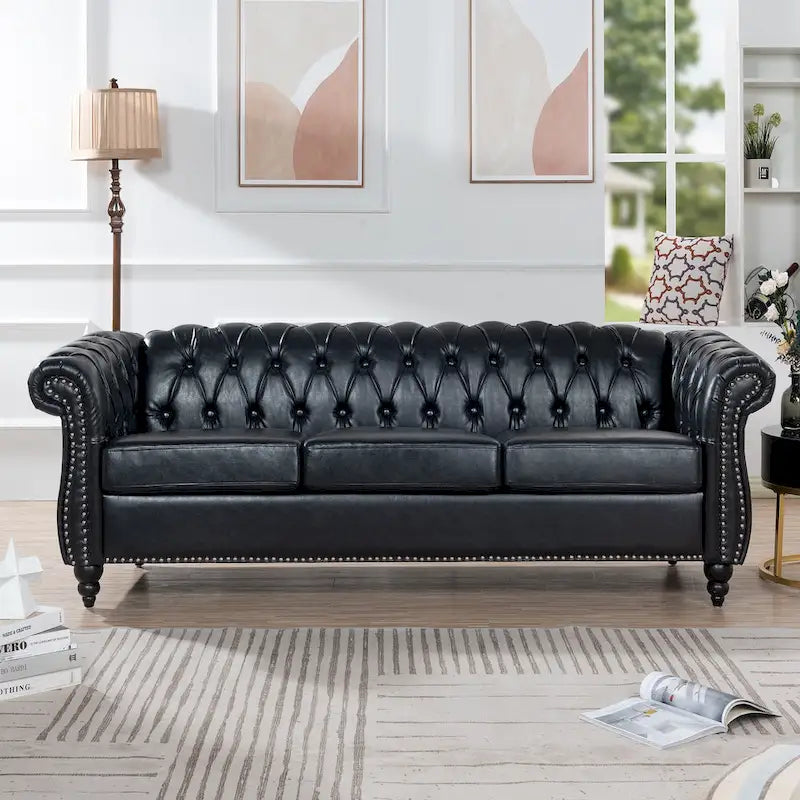 Canapé Chesterfield 3 places en similicuir noir / marron foncé / marron de style Mid-Century