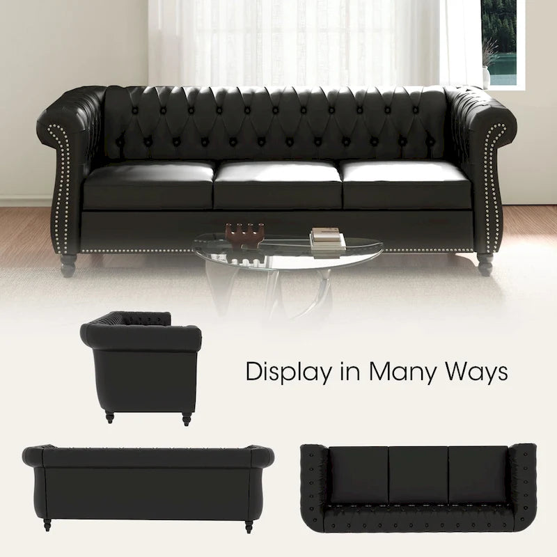 Canapé Chesterfield 3 places en similicuir noir / marron foncé / marron de style Mid-Century