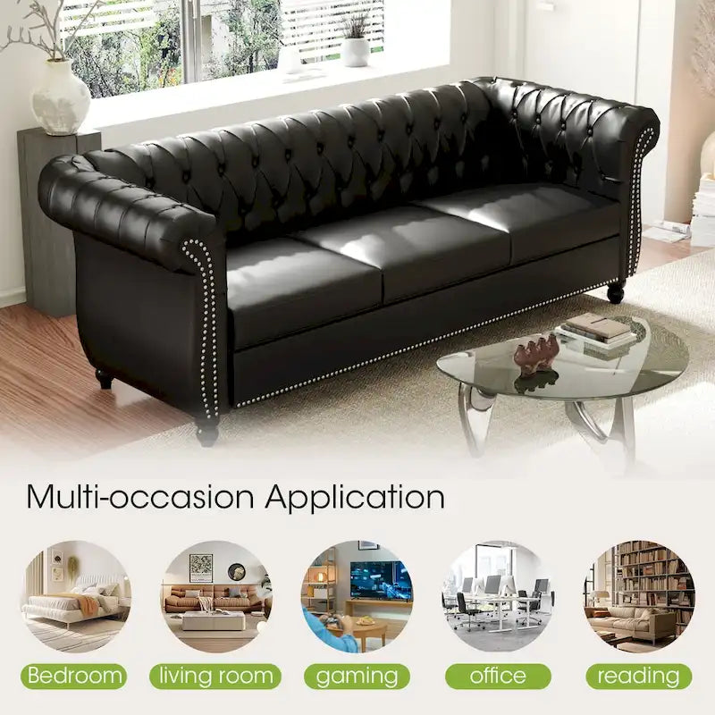 Canapé Chesterfield 3 places en similicuir noir / marron foncé / marron de style Mid-Century