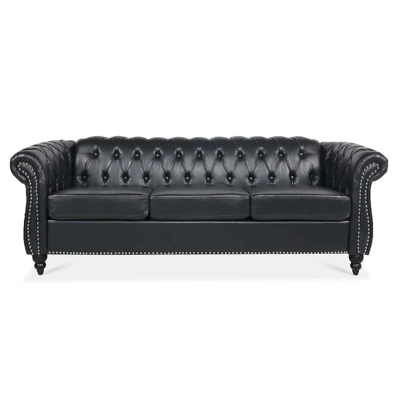 Canapé Chesterfield 3 places en similicuir noir / marron foncé / marron de style Mid-Century