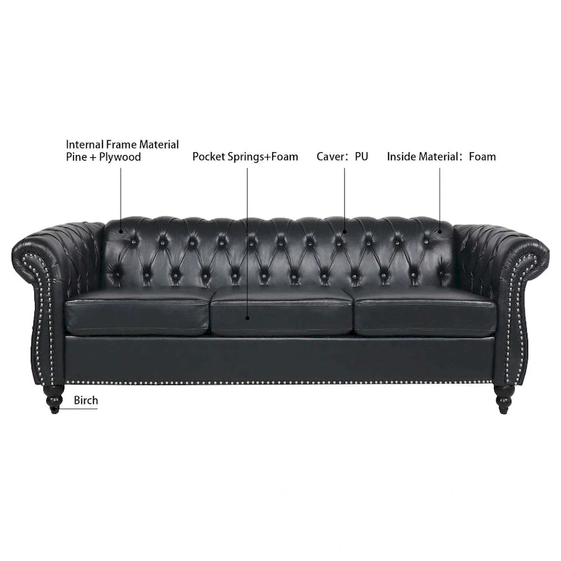 Canapé Chesterfield 3 places en similicuir noir / marron foncé / marron de style Mid-Century