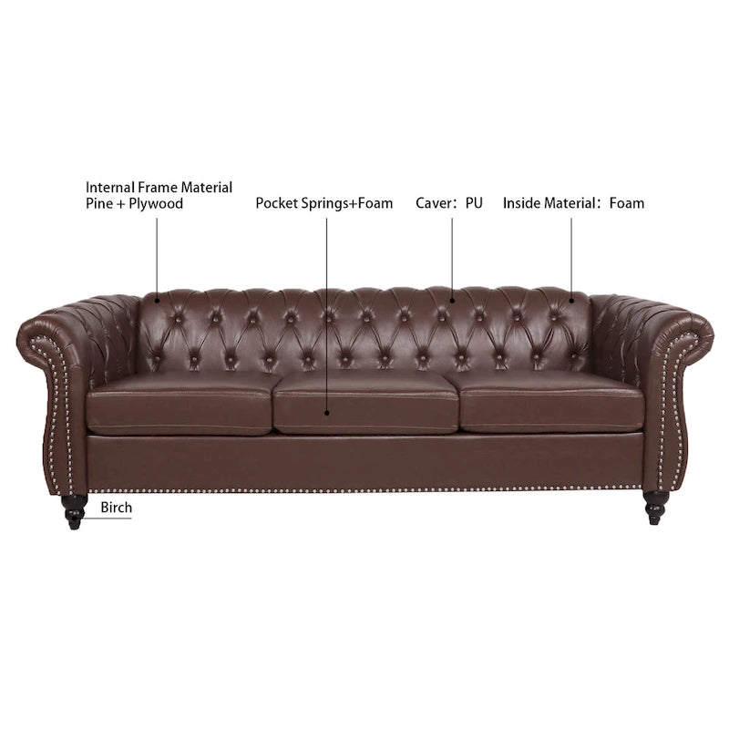Canapé Chesterfield 3 places en similicuir noir / marron foncé / marron de style Mid-Century