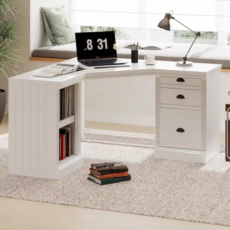 Bureau de direction en L blanc avec 3 tiroirs et 2 étagères ouvertes – Simple