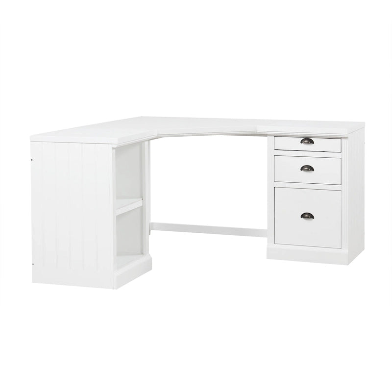 Bureau de direction en L blanc avec 3 tiroirs et 2 étagères ouvertes – Simple