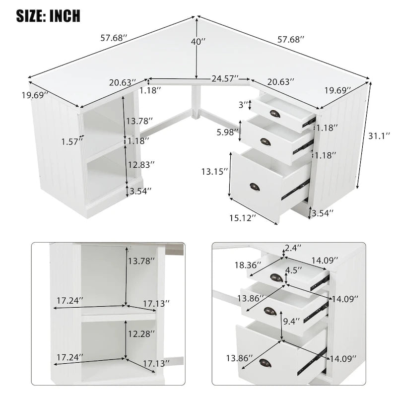 Bureau de direction en L blanc avec 3 tiroirs et 2 étagères ouvertes – Simple