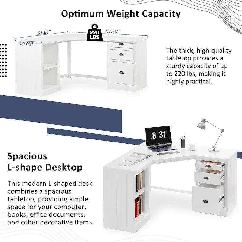 Bureau de direction en L blanc avec 3 tiroirs et 2 étagères ouvertes – Simple