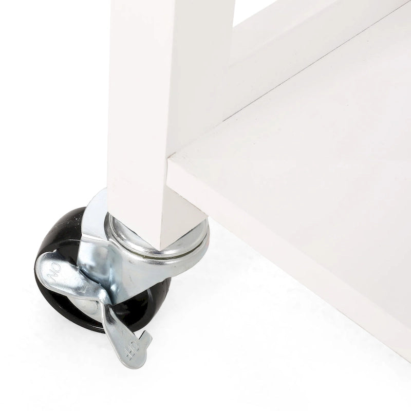 Desserte de cuisine roulante blanche avec plateau en bois d'hévéa, 3 étagères, placard et tiroir – Unité individuelle