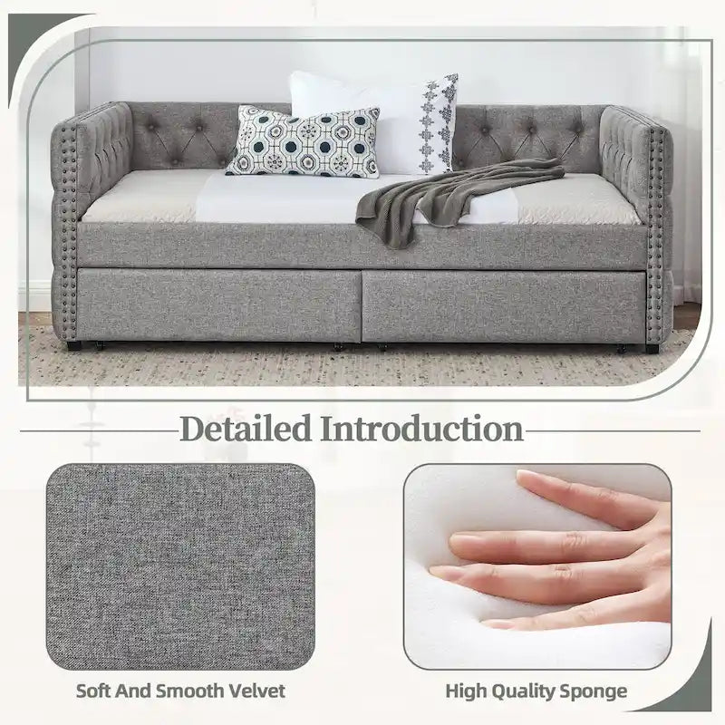 Lit de repos / canapé jumeau mi-century en lin avec garniture cloutée et 2 tiroirs – 1 place