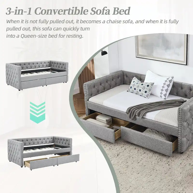 Lit de repos / canapé jumeau mi-century en lin avec garniture cloutée et 2 tiroirs – 1 place