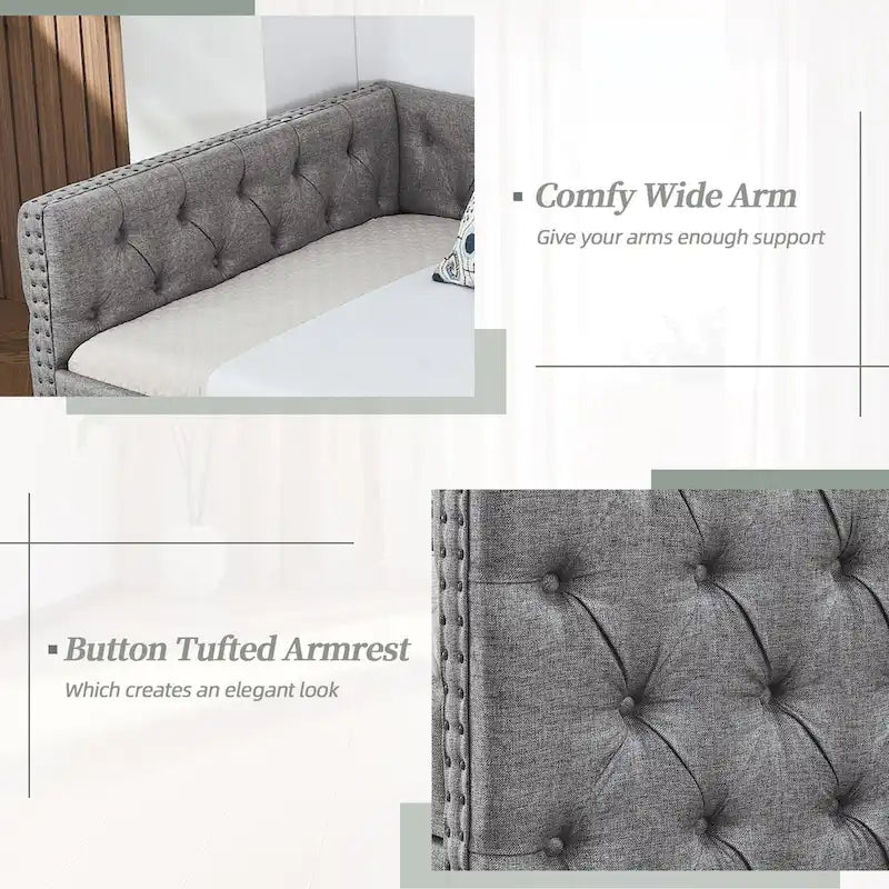 Lit de repos / canapé jumeau mi-century en lin avec garniture cloutée et 2 tiroirs – 1 place