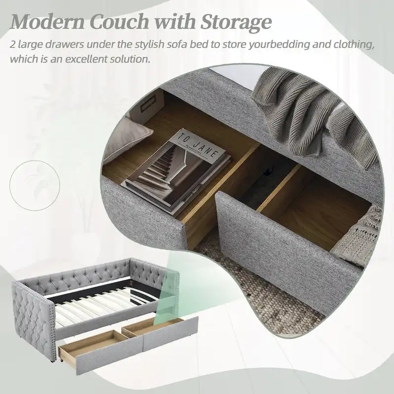 Lit de repos / canapé jumeau mi-century en lin avec garniture cloutée et 2 tiroirs – 1 place