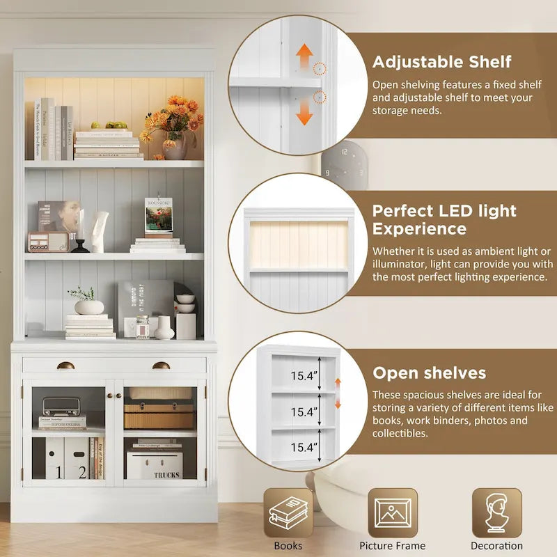 Bibliothèque moderne blanche avec lumière LED, 2 portes vitrées, 3 étagères et 1 tiroir – Individuelle