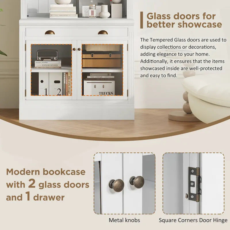 Bibliothèque moderne blanche avec lumière LED, 2 portes vitrées, 3 étagères et 1 tiroir – Individuelle