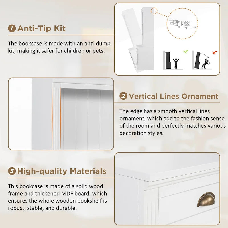 Bibliothèque moderne blanche avec lumière LED, 2 portes vitrées, 3 étagères et 1 tiroir – Individuelle