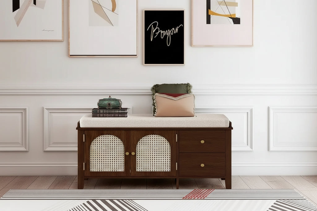 Retro Shoe Storage Bench with Drawers and Cushion for Entryway or Living Room Organization
