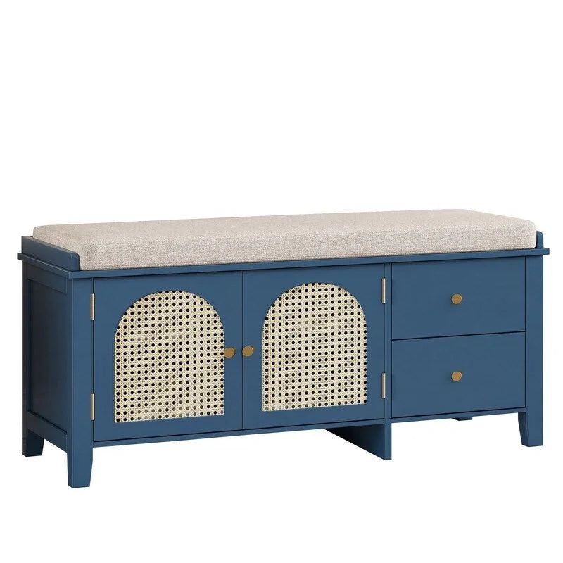 Banc de rangement pour chaussures 1 place avec coussin et portes en rotin – Espresso / Blanc / Bleu marine / Naturel