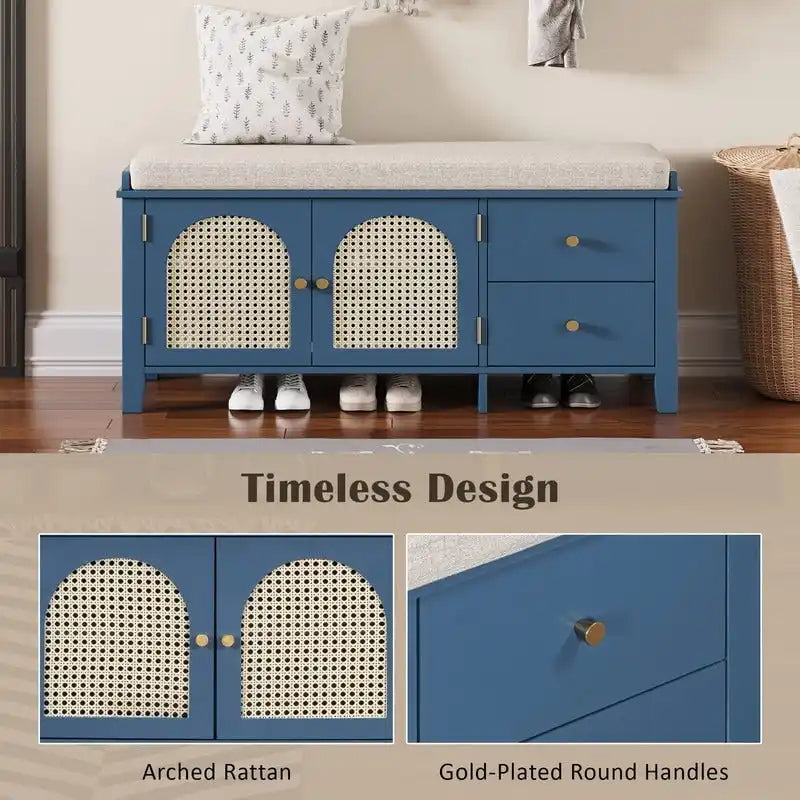 Banc de rangement pour chaussures 1 place avec coussin et portes en rotin – Espresso / Blanc / Bleu marine / Naturel