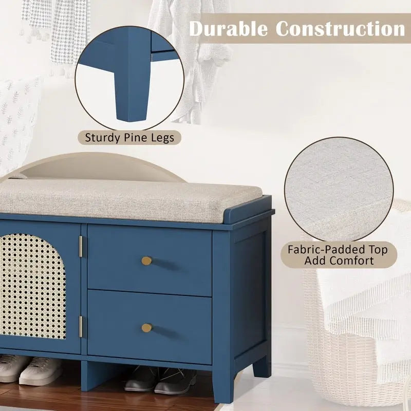 Banc de rangement pour chaussures 1 place avec coussin et portes en rotin – Espresso / Blanc / Bleu marine / Naturel