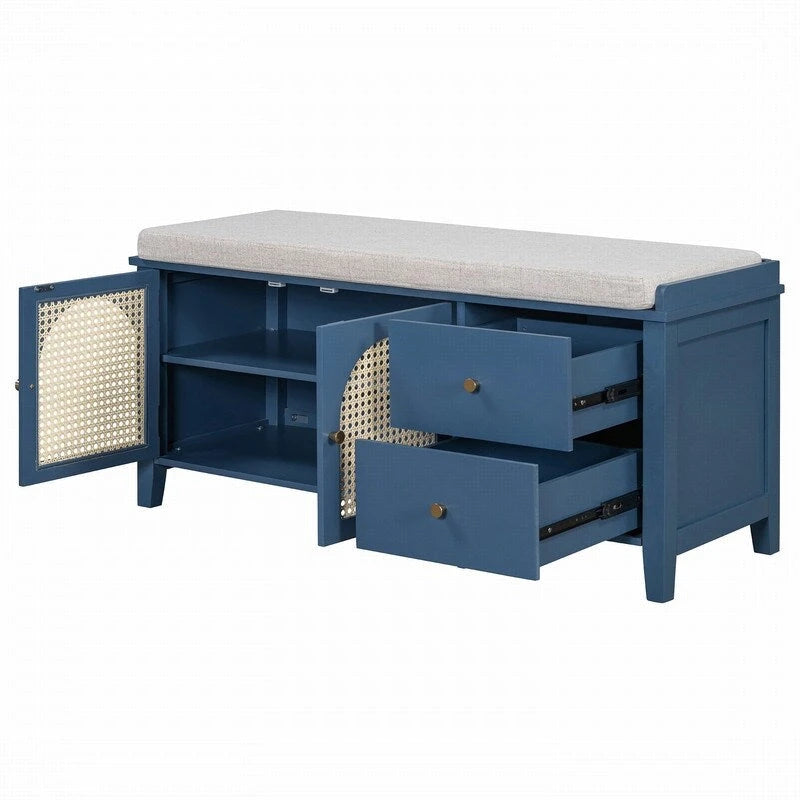 Banc de rangement pour chaussures 1 place avec coussin et portes en rotin – Espresso / Blanc / Bleu marine / Naturel