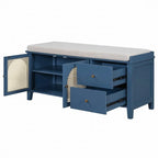 Banc de rangement pour chaussures 1 place avec coussin et portes en rotin – Espresso / Blanc / Bleu marine / Naturel