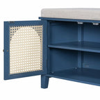 Banc de rangement pour chaussures 1 place avec coussin et portes en rotin – Espresso / Blanc / Bleu marine / Naturel