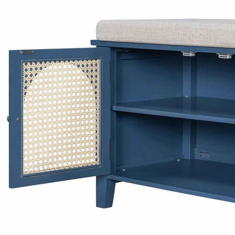 Banc de rangement pour chaussures 1 place avec coussin et portes en rotin – Espresso / Blanc / Bleu marine / Naturel