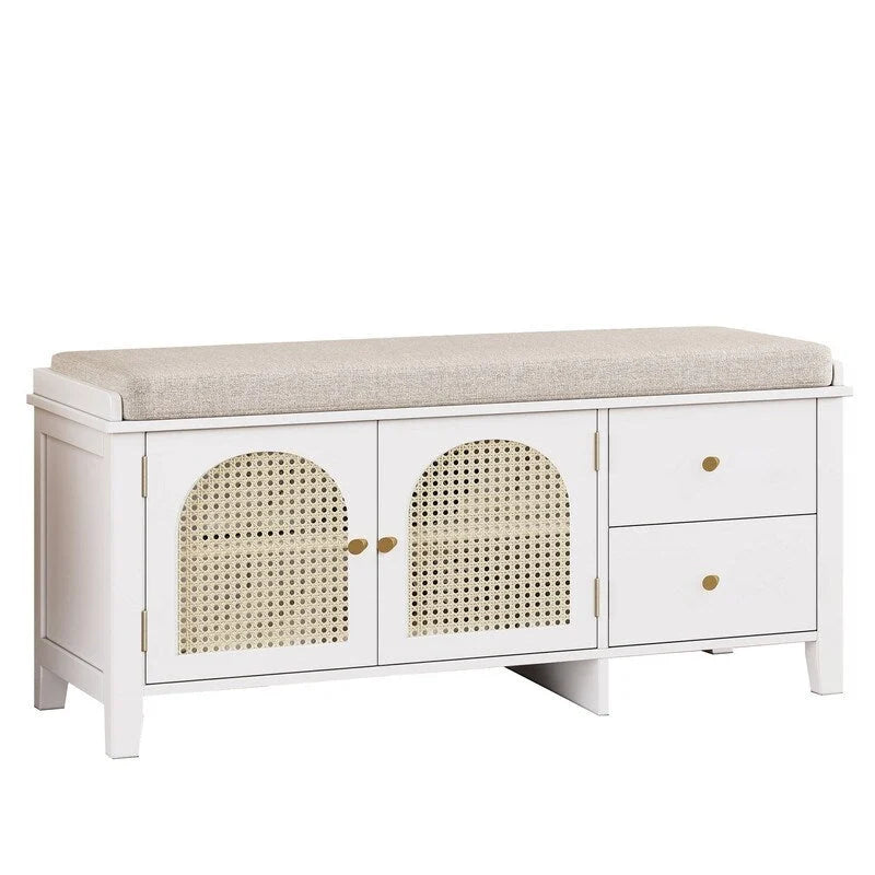 Banc de rangement pour chaussures 1 place avec coussin et portes en rotin – Espresso / Blanc / Bleu marine / Naturel