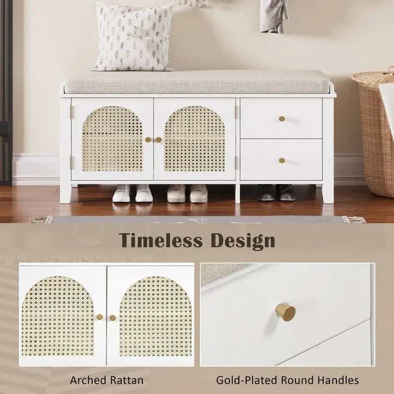 Banc de rangement pour chaussures 1 place avec coussin et portes en rotin – Espresso / Blanc / Bleu marine / Naturel