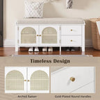 Banc de rangement pour chaussures 1 place avec coussin et portes en rotin – Espresso / Blanc / Bleu marine / Naturel