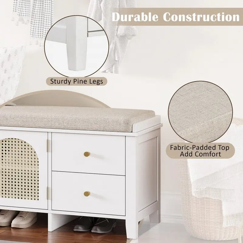 Banc de rangement pour chaussures 1 place avec coussin et portes en rotin – Espresso / Blanc / Bleu marine / Naturel