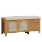 Banc de rangement pour chaussures 1 place avec coussin et portes en rotin – Espresso / Blanc / Bleu marine / Naturel