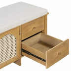 Banc de rangement pour chaussures 1 place avec coussin et portes en rotin – Espresso / Blanc / Bleu marine / Naturel