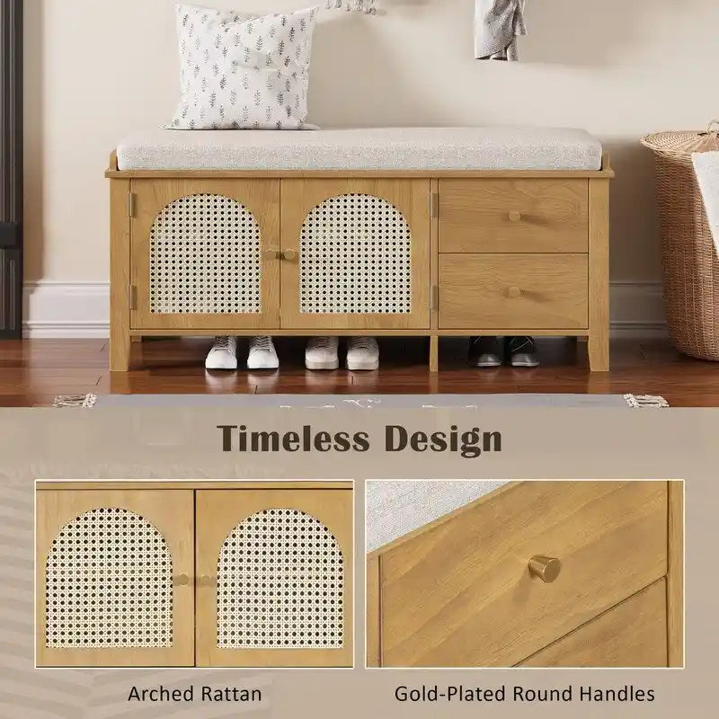 Banc de rangement pour chaussures 1 place avec coussin et portes en rotin – Espresso / Blanc / Bleu marine / Naturel