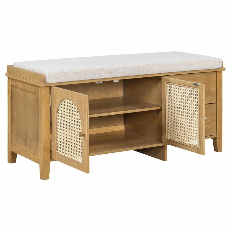 Banc de rangement pour chaussures 1 place avec coussin et portes en rotin – Espresso / Blanc / Bleu marine / Naturel