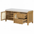 Banc de rangement pour chaussures 1 place avec coussin et portes en rotin – Espresso / Blanc / Bleu marine / Naturel